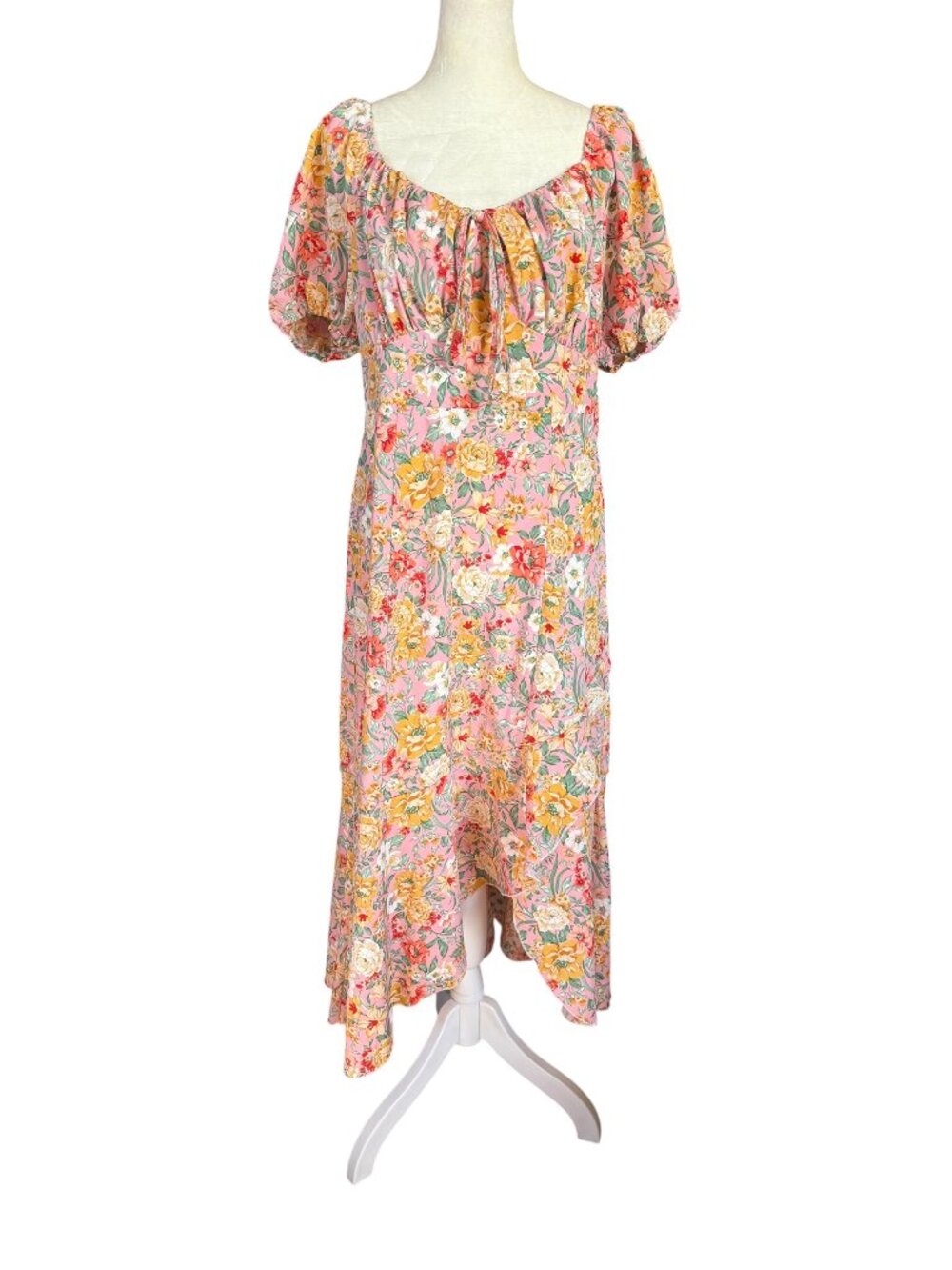 Women's pink and yellow floral short sleeve ruffle high low maxi dress
